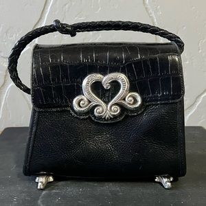 Vintage Brighton Black Leather Mini Top Handle Bag w/ Silver Heart Clasp